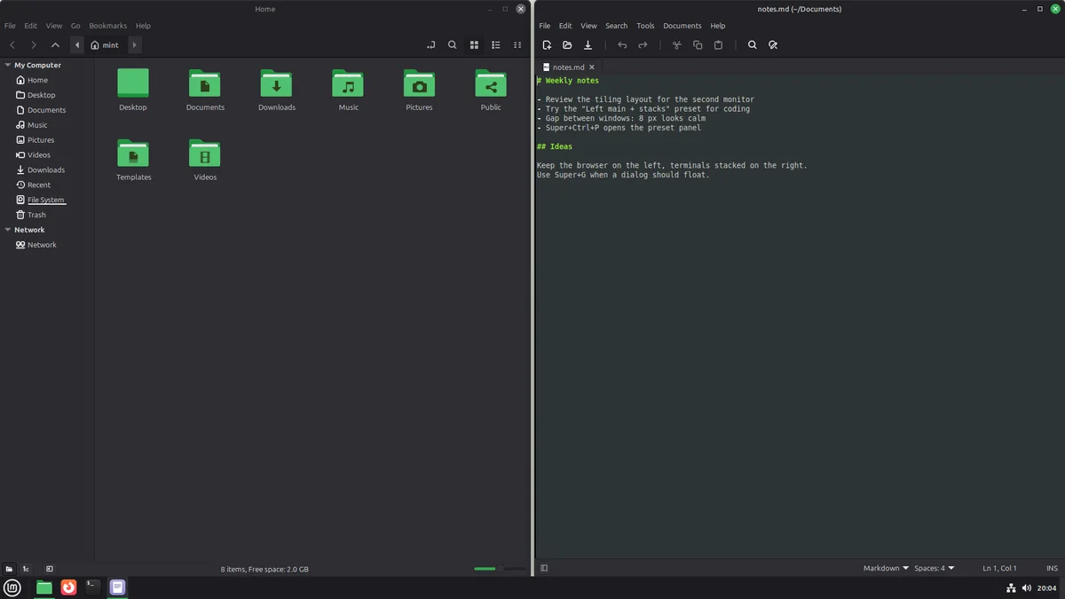 Two windows side by side, each half of the screen