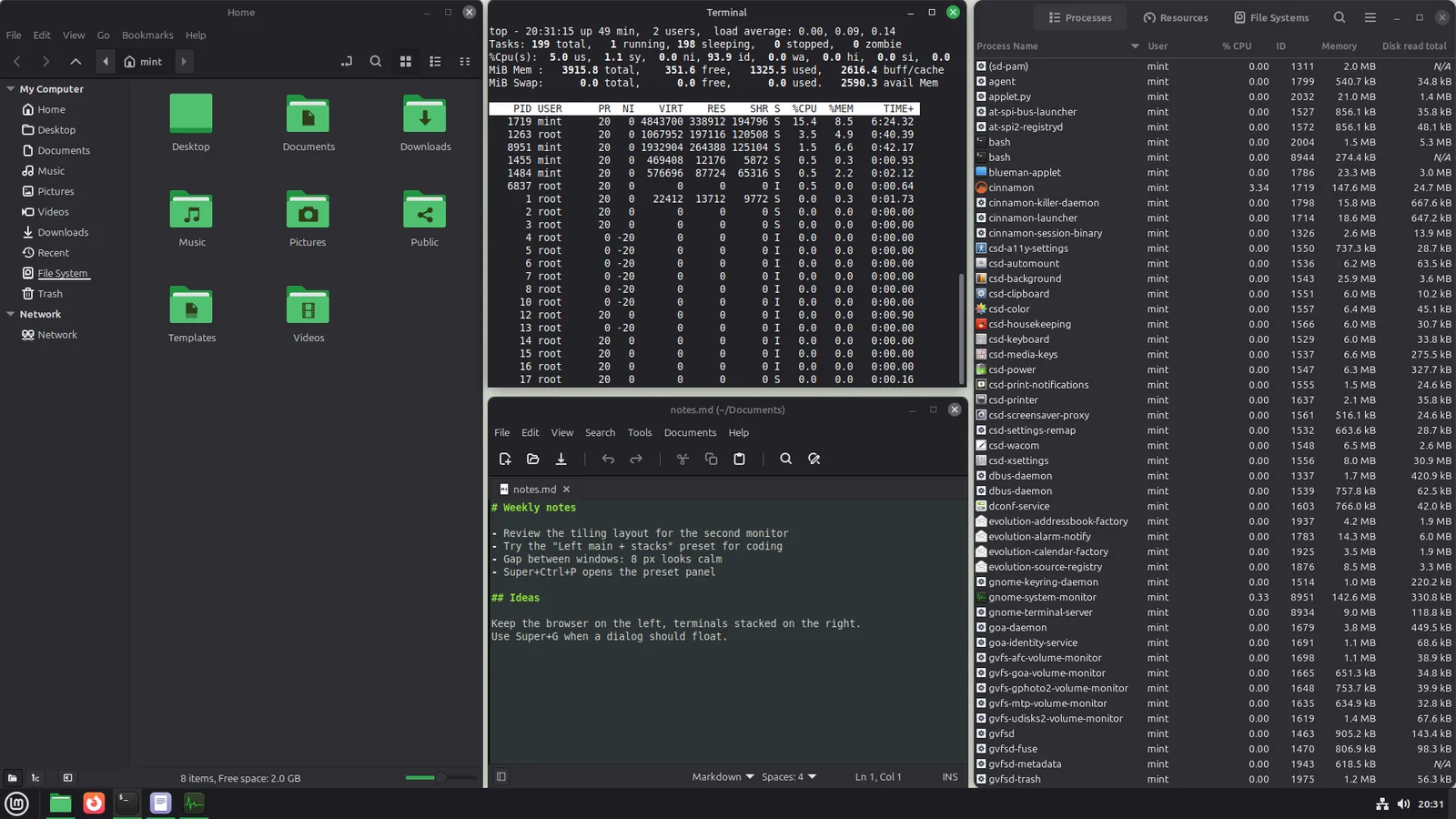 Linux Mint desktop in a dark theme with four tiled windows: a file manager on the left, a terminal and an editor stacked in the middle, a system monitor on the right, with a narrow gap between them