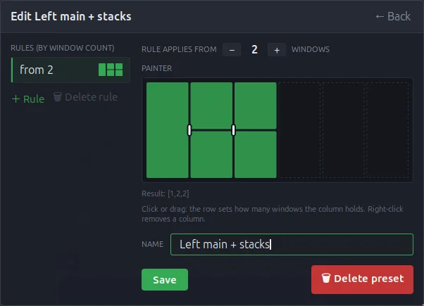The preset editor for Left main + stacks: a painter with one tall column on the left and two columns of two windows, rule from 2 windows
