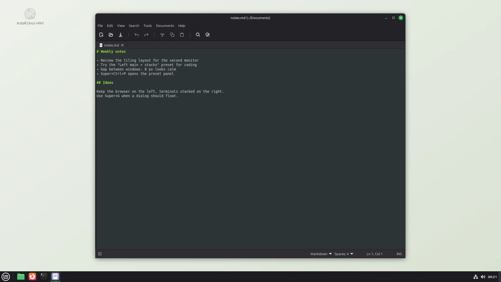 A single editor window centered on the desktop with free space around it