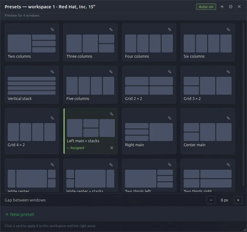 The greenTile preset panel in its dark theme: sixteen preset cards with previews, Left main + stacks marked as assigned, Auto on in the title bar and a gap of 8 px
