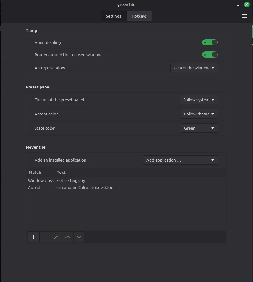 greenTile settings: the Never tile list with the rows Window class xlet-settings.py and App id org.gnome.Calculator.desktop