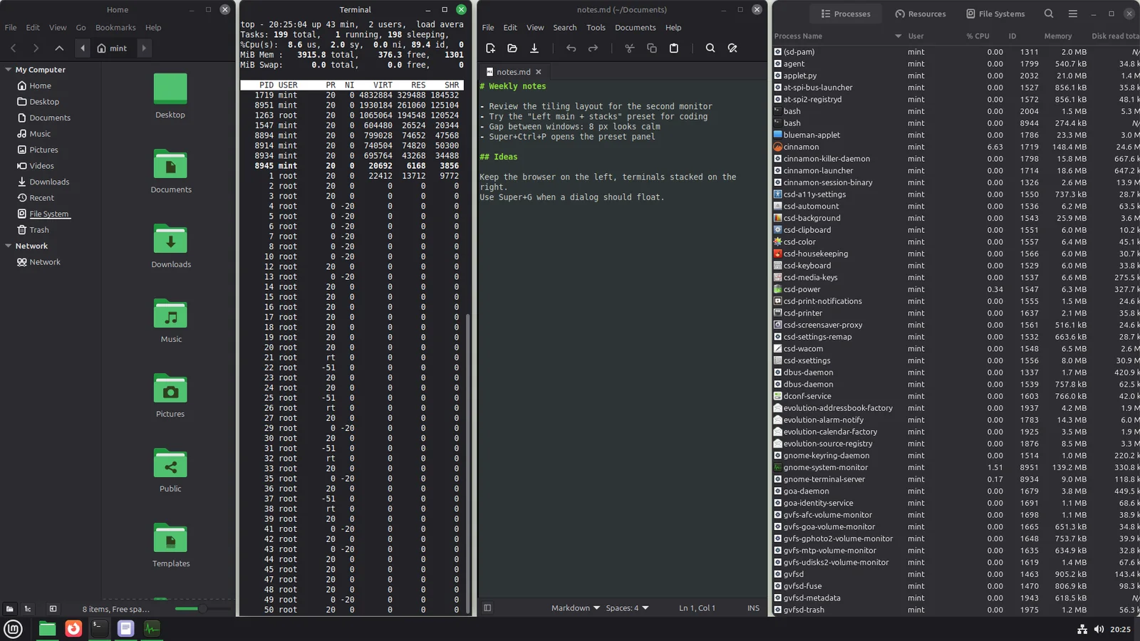 After the drop: four columns, file manager, terminal, editor and system monitor