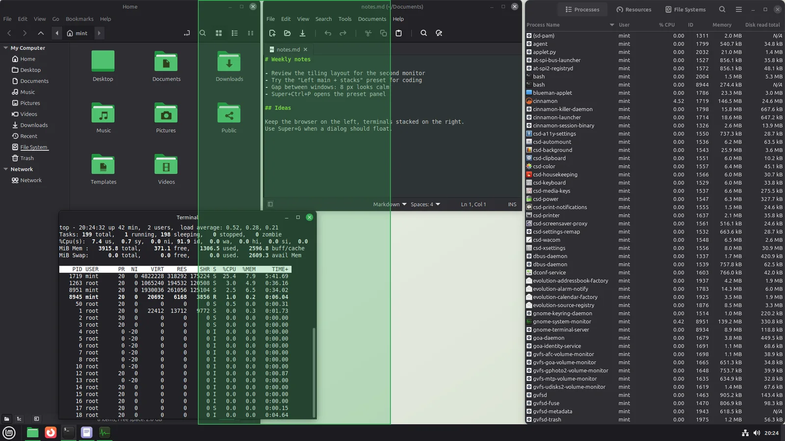 A terminal window is being dragged over the right part of a file manager; a translucent green area previews a new column there